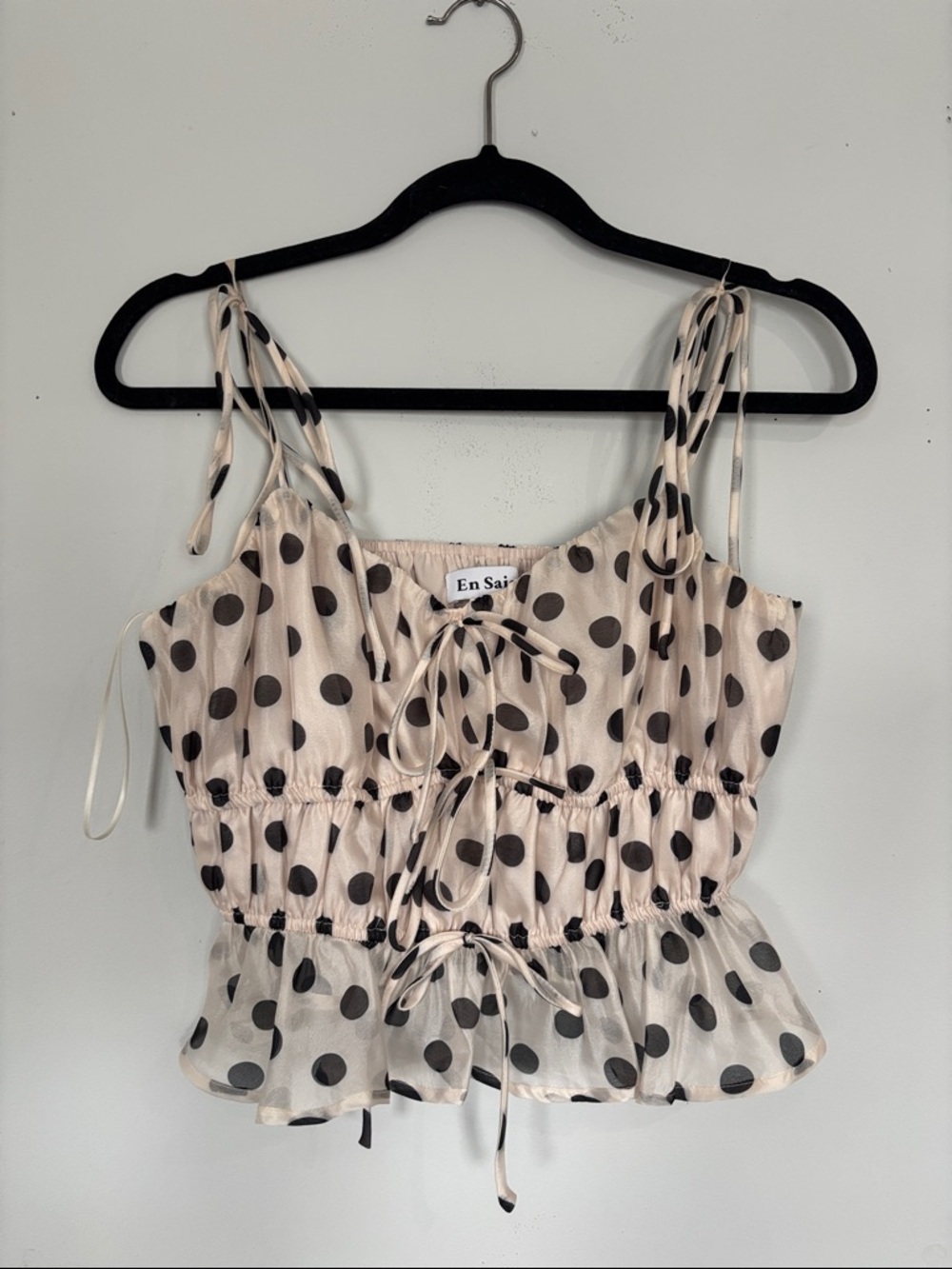 Cream Polka Dot Tie-Front Cropped Top